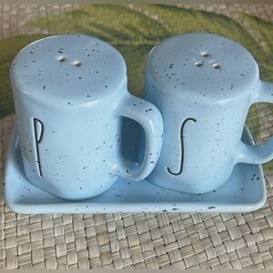 3/$25 SALE! Rae Dunn Blue Speckled Salt and Pepper Shakers with Tray